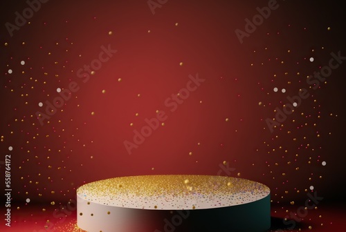 festive pedestal, podium, stage for product display presentation with falling golden confetti