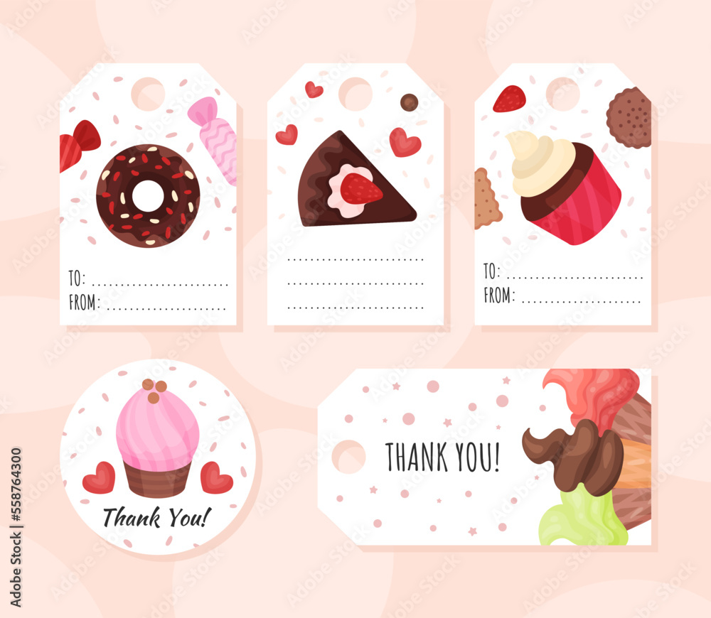Thank you compliment cards with delicious sweet desserts set cartoon vector