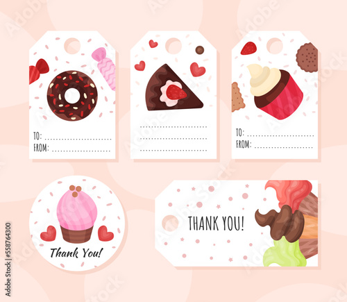 Thank you compliment cards with delicious sweet desserts set cartoon vector