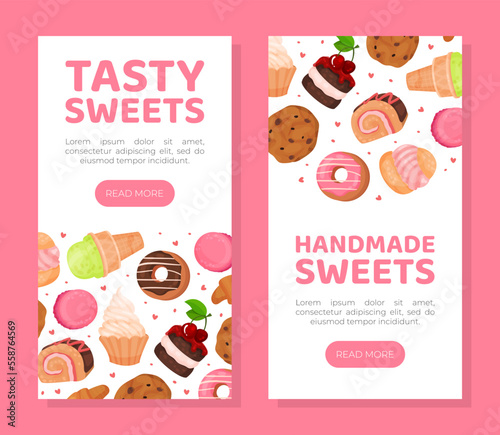 Tasty sweets mobile app templates set. Handmade sweets and desserts landing page, web banner cartoon vector