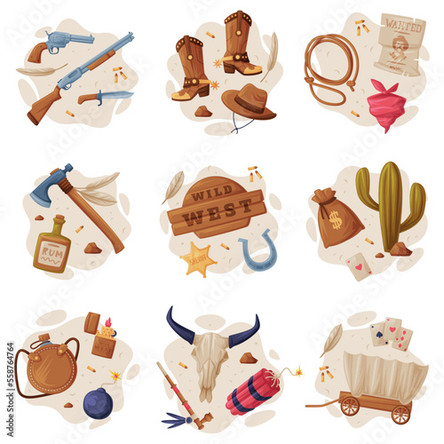 Wild West Objects Composition with Boots, Gun, Hatchet, Lasso, Wagon and Skull Vector Set