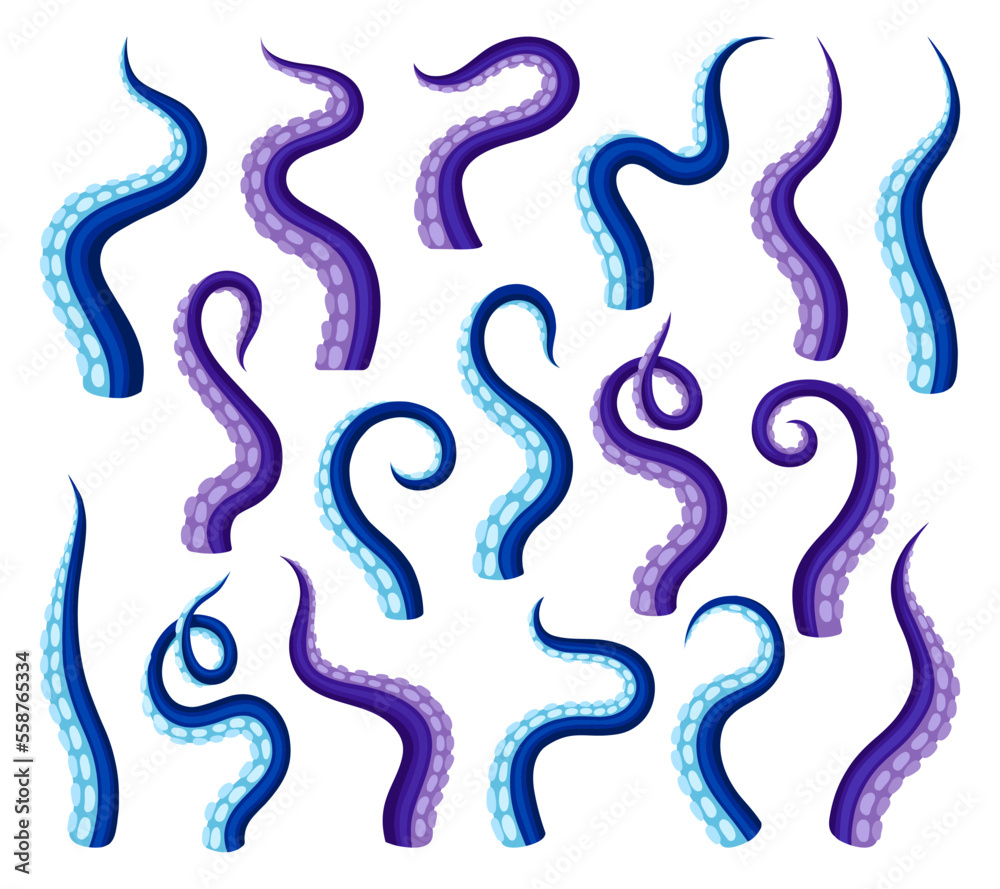 Set of purple tentacles. octopus. Twisted limbs of sea or ocean creatures cartoon vector illustration Set of purple tentacles. octopus. Twisted limbs of sea or ocean creatures cartoon vector illustration