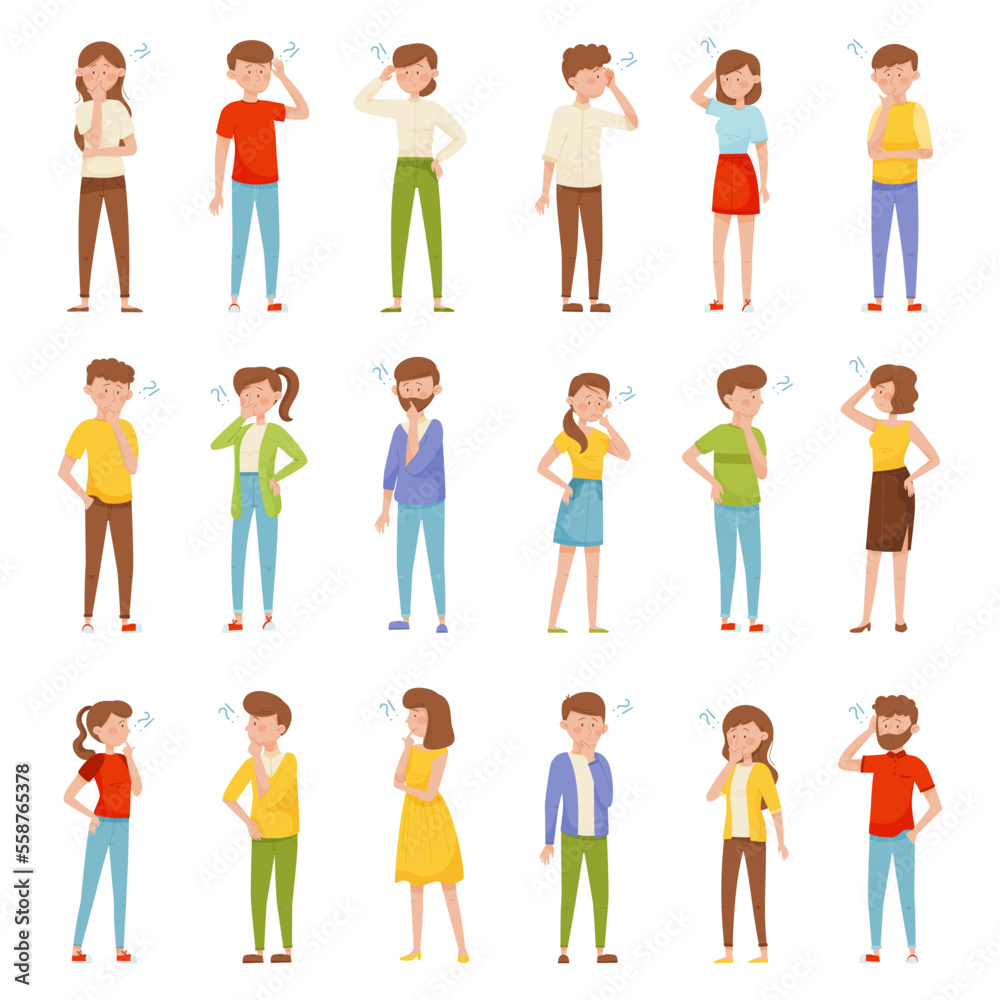People Character with Question Mark Thinking and Pondering Big Vector Set