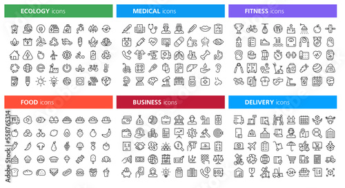 Big set of thin line icon. Ecology, Medical, Fitness, Food, Business, Delivery. Big set Icons collection. Outline icons collection