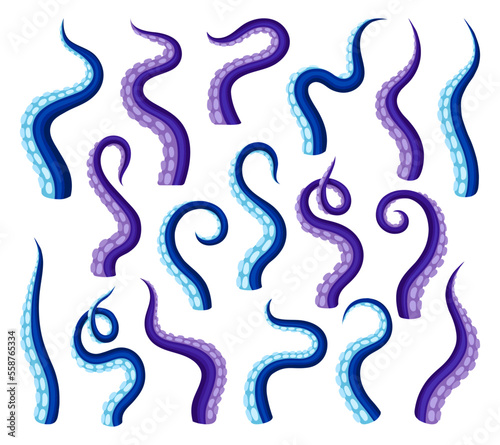 Set of purple tentacles. octopus. Twisted limbs of sea or ocean creatures cartoon vector illustration