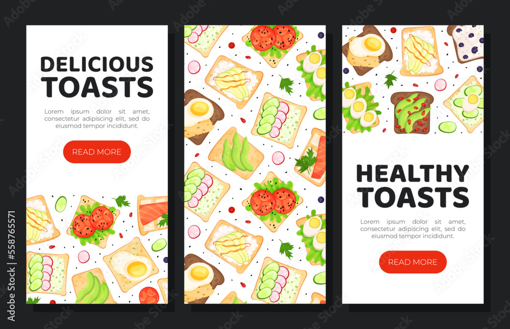 Healthy toasts mobile app templates set. Delicious toasts landing page, card, menu, leaflet, flyer with sandwiches seamless pattern cartoon vector