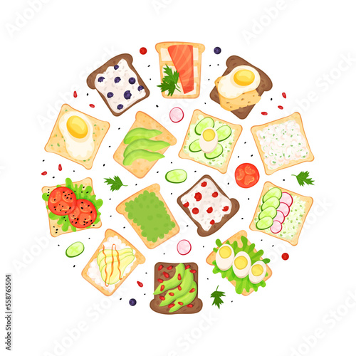 Toasts with different healthy natural ingredients in round shape. Tasty toasts menu, banner, poster, card design template cartoon vector