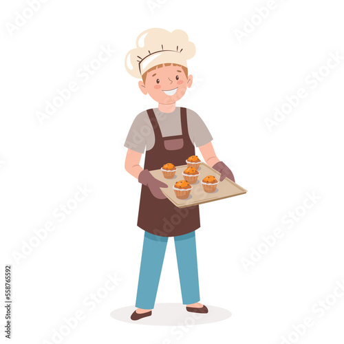 Little cook. Child is holding baking sheet with homemade cupcakes. Cute cartoon boy in chef s hat and apron bakes muffins. Vector illustration in flat style isolated on white background.