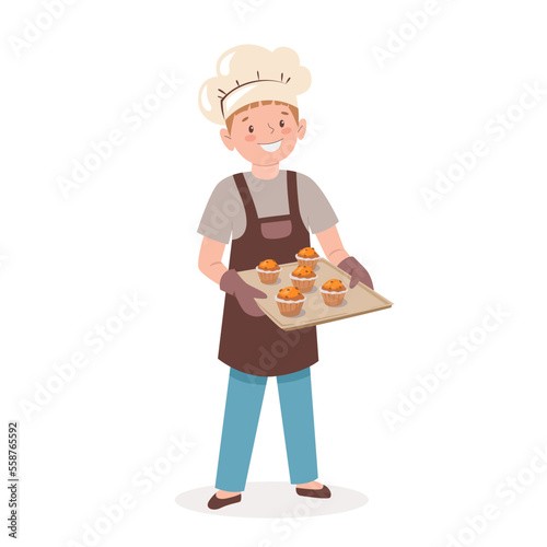 Little cook. Child is holding baking sheet with homemade cupcakes. Cute cartoon boy in chef's hat and apron bakes muffins. Vector illustration in flat style isolated on white background.