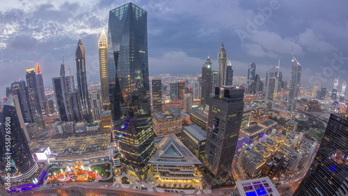 Photography Panorama of futuristic skyscrapers after sunset in financial district business c