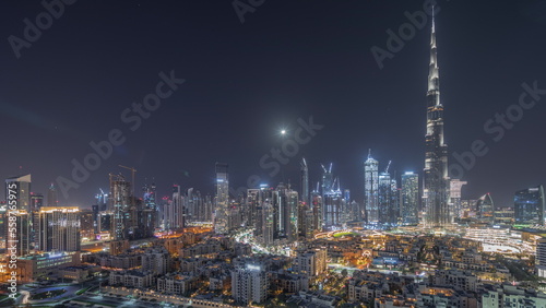 Canvas Print Dubai Downtown all night timelapse with tallest skyscraper and other towers