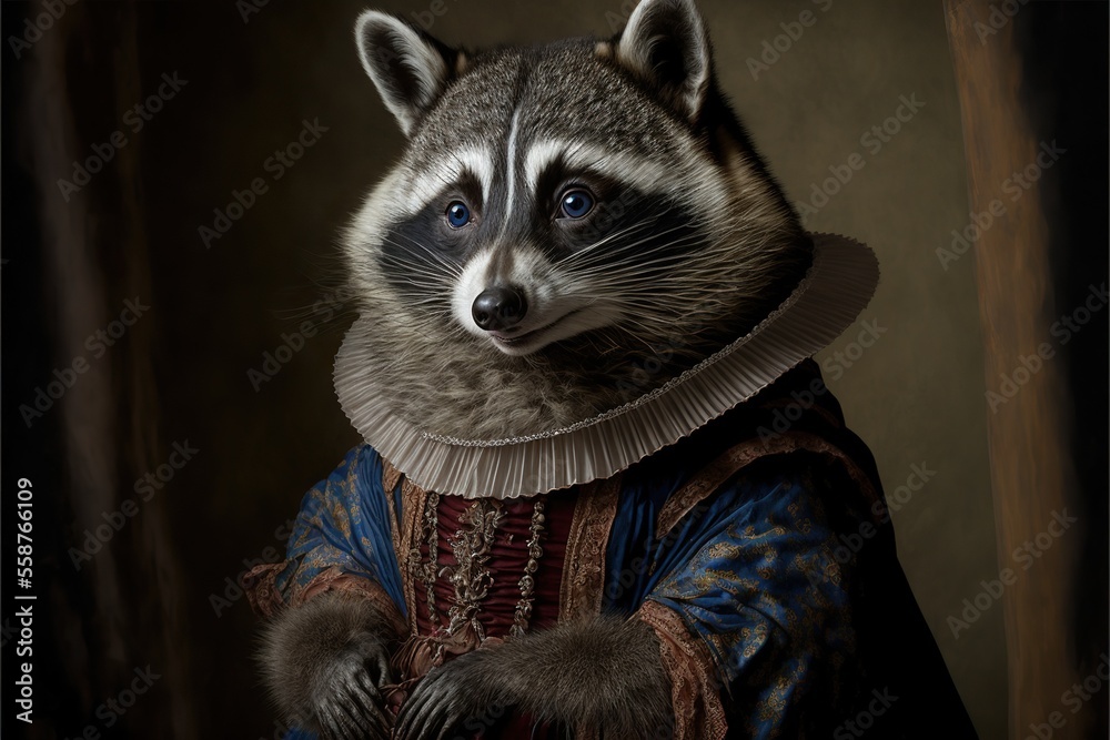 Created with Generative AI technology. portrait of a raccoon in renaissance clothing - obrazy, fototapety, plakaty 
