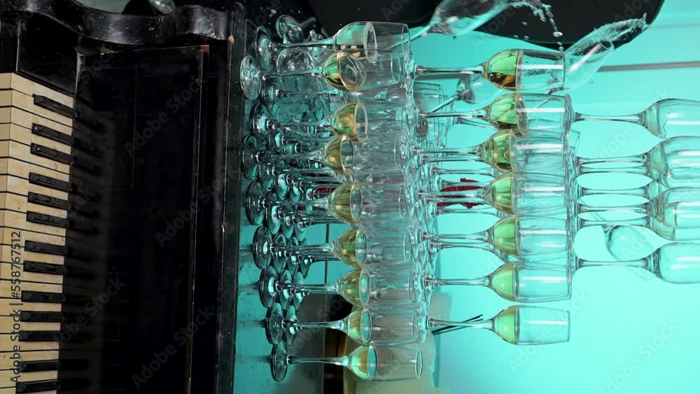 Pyramid of champagne glasses fall at new year Christmas party. Luxury Champagne pyramid on white background. 4k Super slow motion 120 fps video filmed on new Nikon Z9 camera Pyramid of champagne glasses fall at new year Christmas party. Luxury Champagne pyramid on white background. 4k Super slow motion 120 fps video filmed on new Nikon Z9 camera