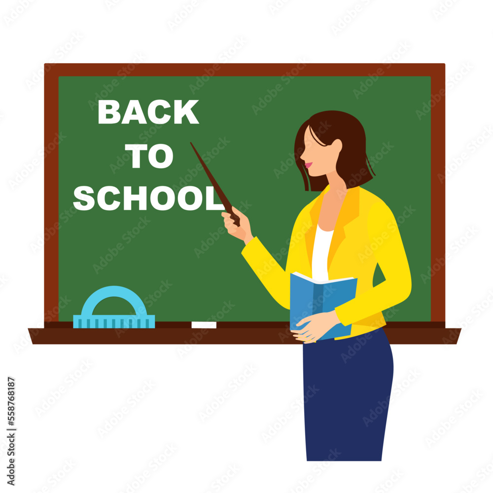 Young female teacher near blackboard teaching student in classroom at school, college or university. Flat design cartoon woman character. Young female teacher near blackboard teaching student in classroom at school, college or university. Flat design cartoon woman character.