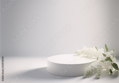 Beautiful white floral pedestal for product display. A delicate natural floral scene 