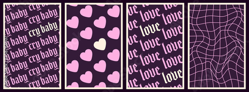 Set Groovy y2k sad love conception poster with goth slogan. Trendy gothic emo style 2000s. Valentines day greeting card. Sad background. Cry baby. Retro style.