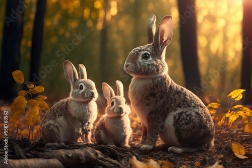 Cute bunnies family in a forest. Generative AI.