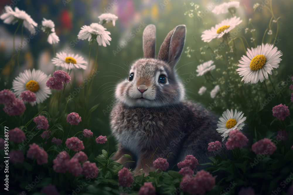 Fototapeta premium Cute little bunny in a field of flowers. Generative AI.
