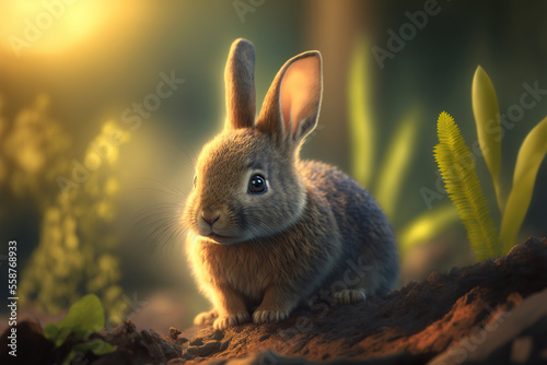 Cute little bunny in a forest. Generative AI.