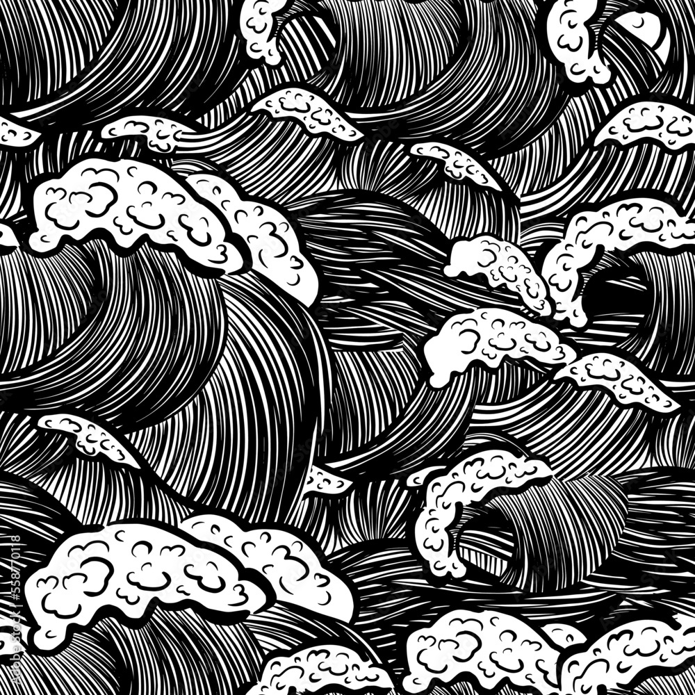 Seamless monochrome pattern with waves. Design for backdrops with sea, rivers or water texture. Repeating texture. Figure for textiles. Print for the cover of the book, postcards, t-shirts.