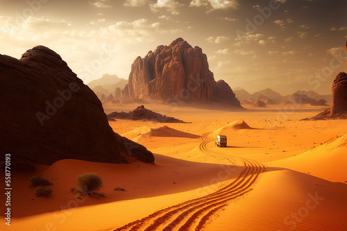 Middle Eastern Wadi Rum Desert  Valley of the Moon  orange sand  hazy clouds becoming a World Heritage Site by the UN outdoors  scenery  and off road activities in national parks travel history