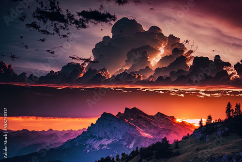 Wonderful alpine sunset with cumulus clouds. Generative AI