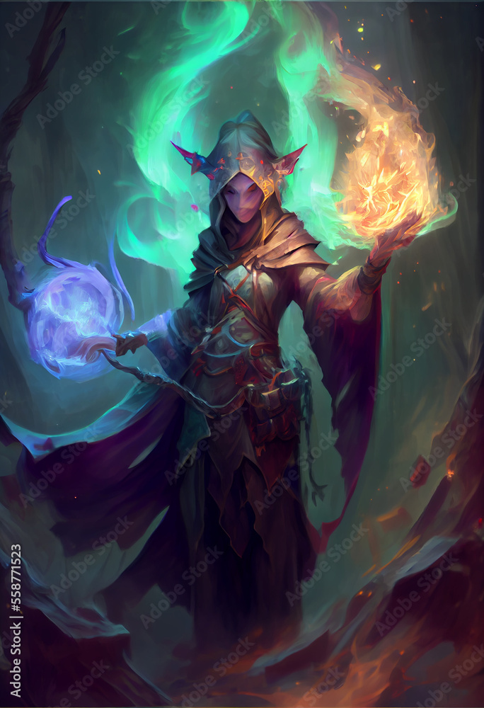 Powerful elf wizard casting a spell - generative ai Powerful elf wizard casting a spell - generative ai