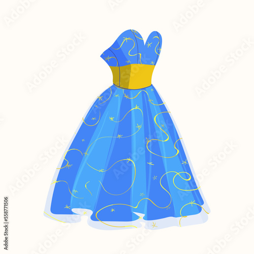 Blue party dress. Fashion Holiday festive gown vector cartoon illustration