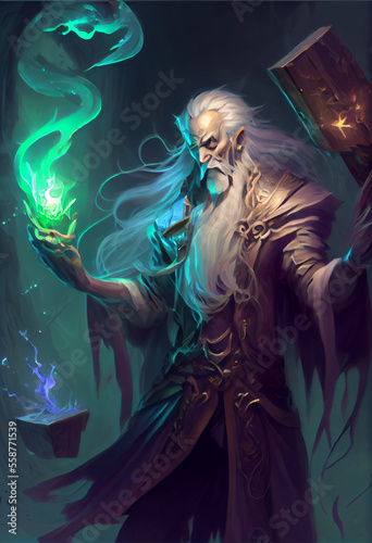 Powerful elf wizard casting a spell - generative ai photo