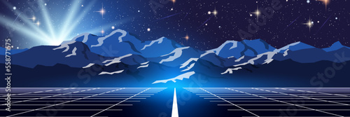 Blue mountains night vector illustration. Web banner, header design template