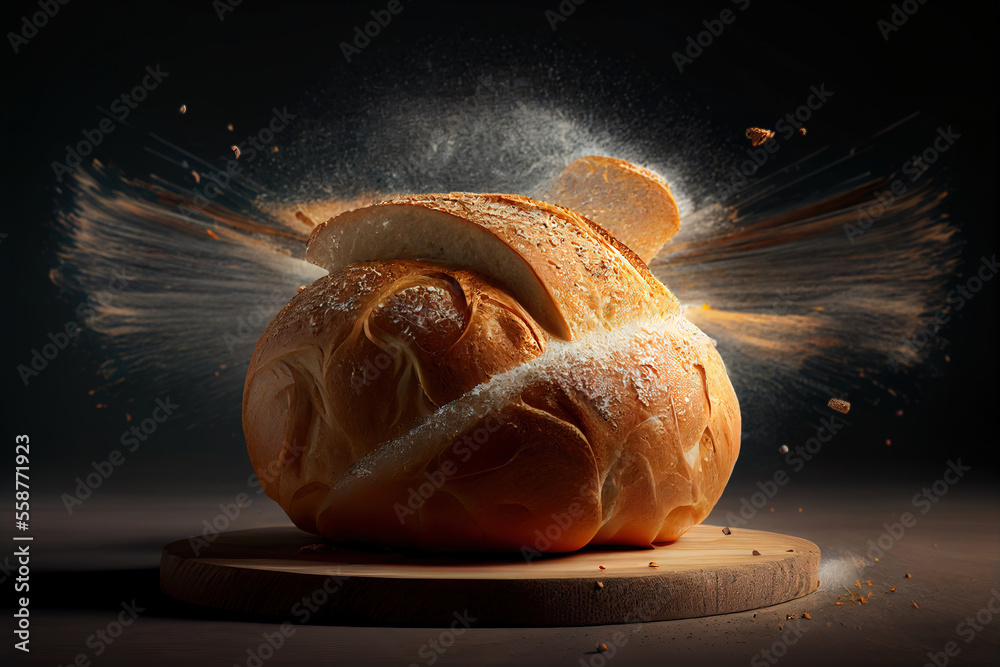 Tasty white bread in motion on the breadboard | Generative AI ...