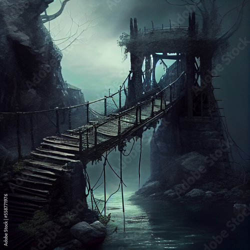 Old wooden bridge in a foggy fantasy landscape - generative ai photo