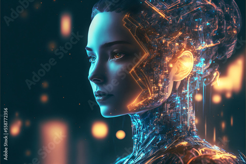 Portrait of a female cyborg robot. Wires and circuits. Concept for Artififial Intelligence. Designed using Generative AI