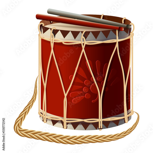Old military drum, made of leather, metal, wood, decorated with gold and drumsticks