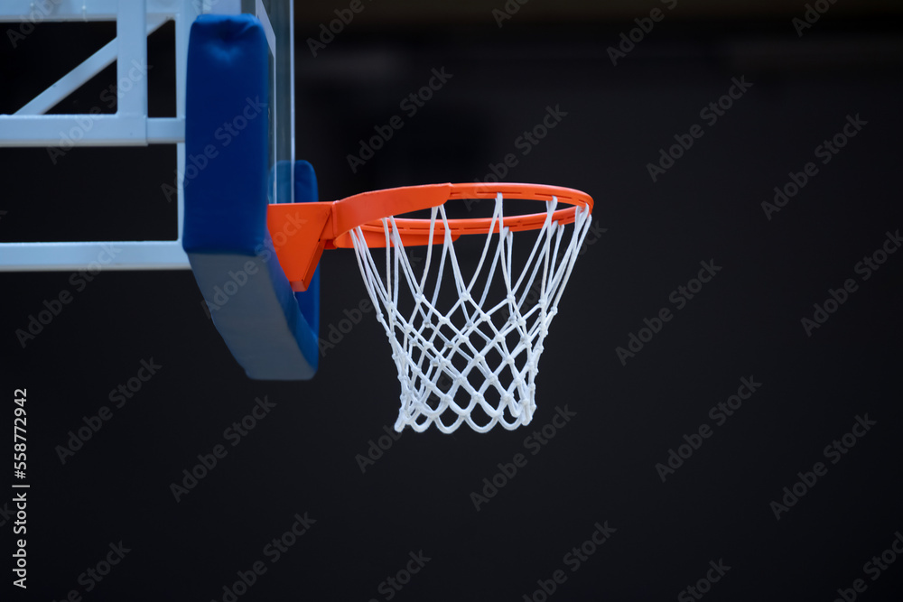 Basketball hoop net isolated on dark background. Professional sport concept. Horizontal sport poster, greeting cards, headers, website