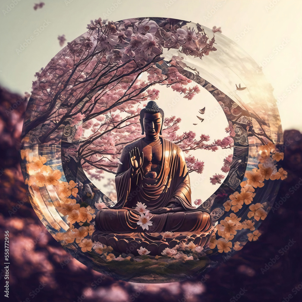 Buddha statue with cherry blossom. Mediation and zen concept. Designed using generative ai.  - obrazy, fototapety, plakaty 