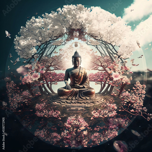 Leinwand Poster Buddha statue with cherry blossom