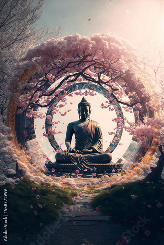 Tableau sur toile Buddha statue with cherry blossom