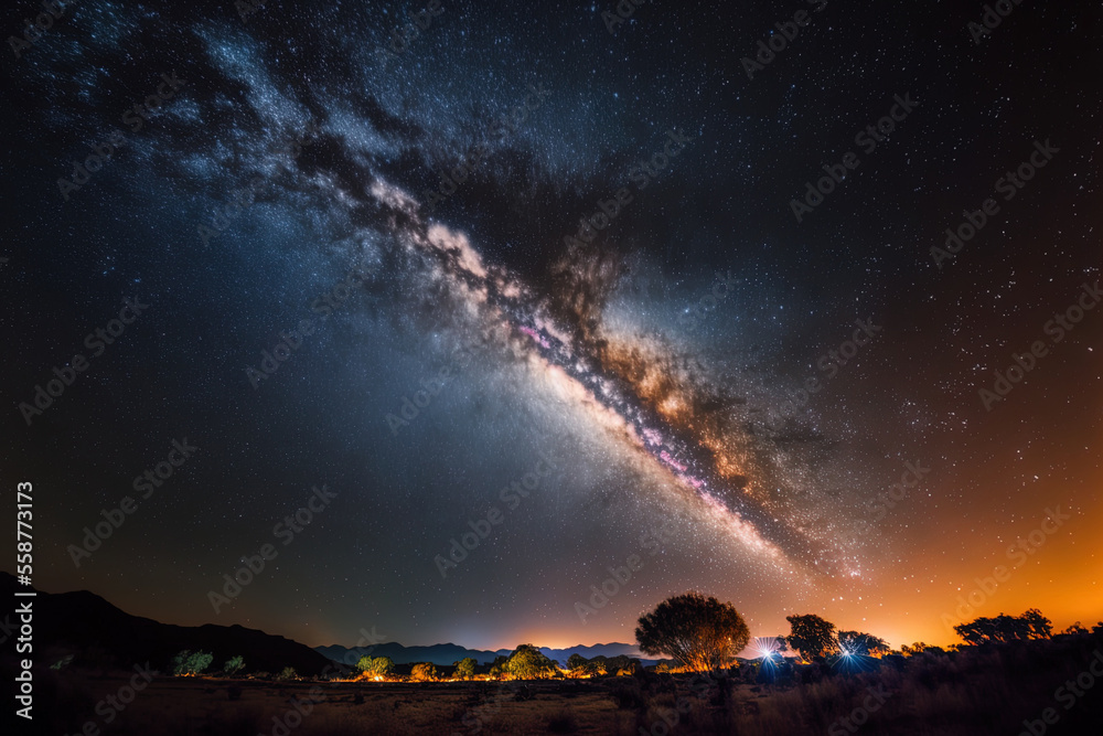 Long exposure shot of the well visible milky way galaxy taken in Thailand near phitsanulok with grit. Generative AI