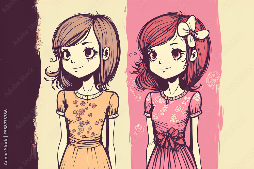 Four adorable young girls that were painstakingly drawn. A artwork. Generative AI Four adorable young girls that were painstakingly drawn. A artwork. Generative AI