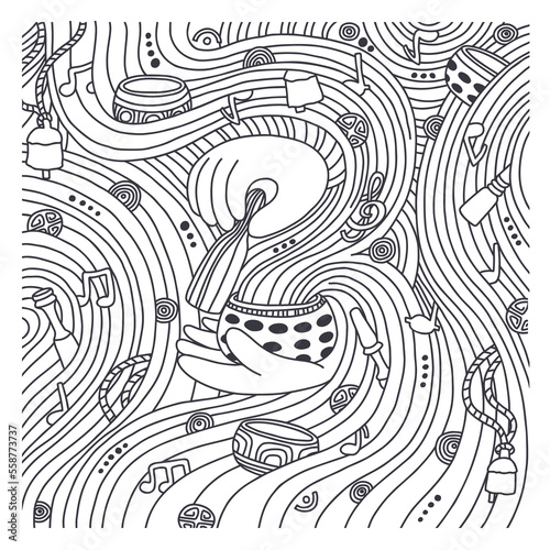 Singing bowls doodle set. Hands are holding Tibetan bowl and making bowls sound. Music visualization. Healing therapy set. Sound healing for balance and a clear mind.  New way of meditation.