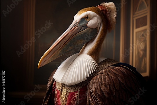 Created with Generative AI technology. portrait of a pelican in renaissance clothing photo