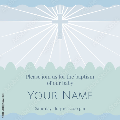 Card baptism with blue cross over blue and green