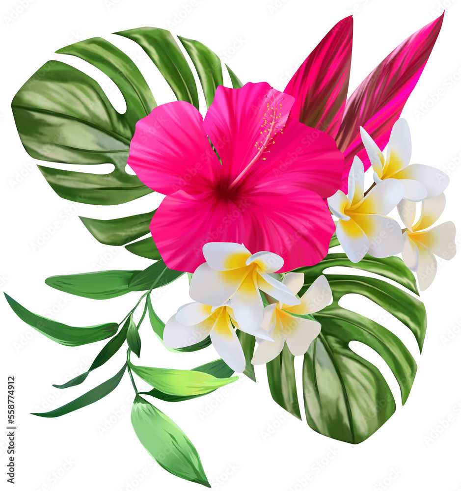 Fototapeta premium Tropical summer flower bouquet on white background 