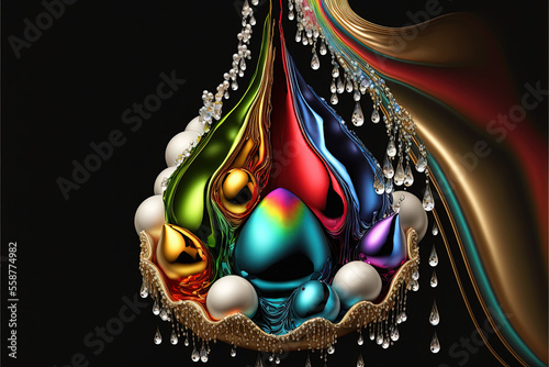 Abstract shiny, refective, colourful gems and white pearls melting together and forming giant drop. generative ai