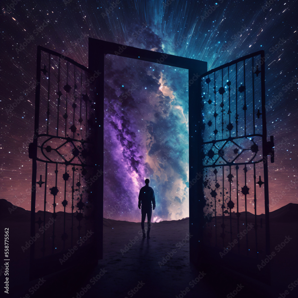 Silhouette of a person standing in front of night sky with gate to the stars. Designed using generative ai