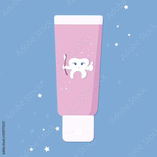 Pink toothpaste with cute tooth on a blue background