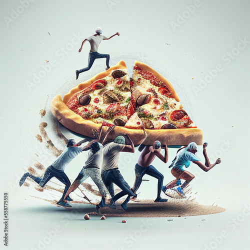 people fighting for food, people fight for pizza  photo