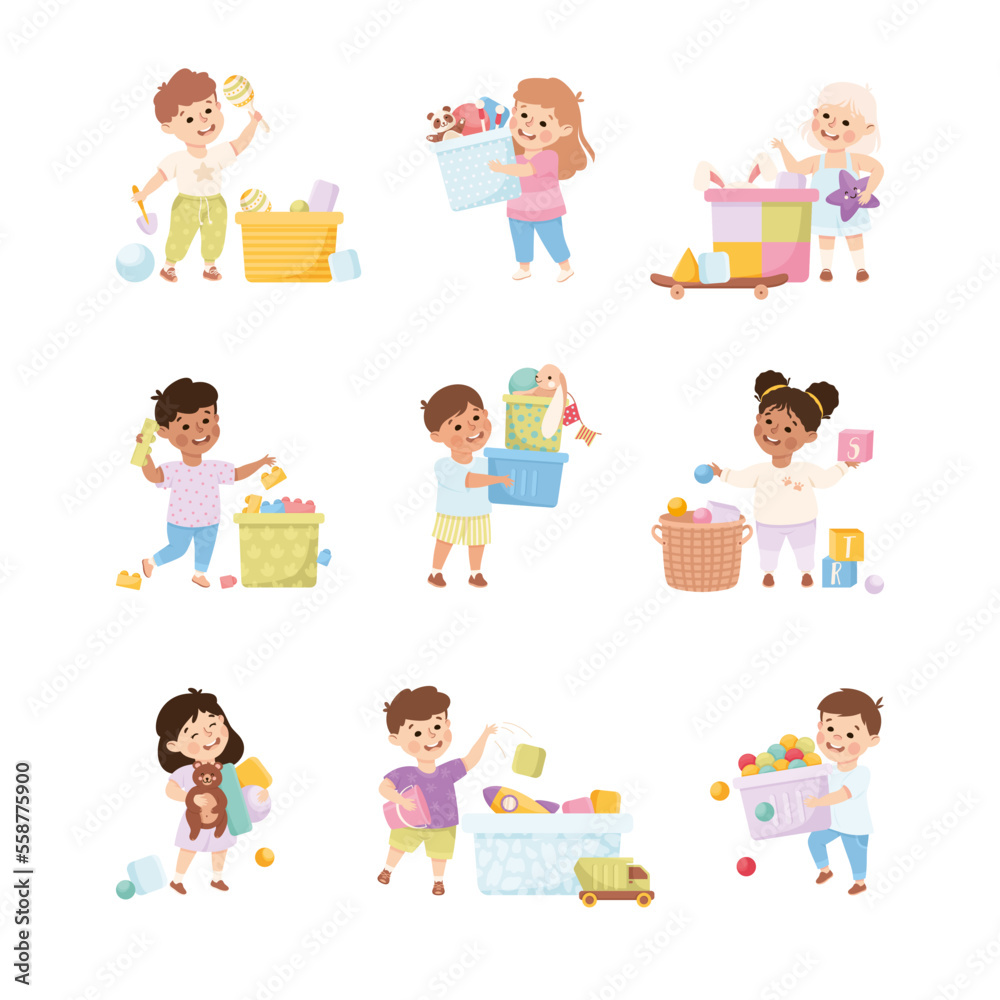 Happy Children Playing Toys in Playroom Having Fun Vector Set Happy Children Playing Toys in Playroom Having Fun Vector Set