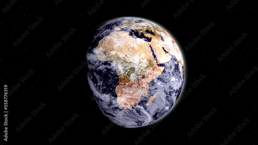 Fototapeta premium Rotation planet. Earth globe. Global sphere planet. Realistic Earth Rotates on black space or background. Texture map courtesy of NASA. Camera flyby against background of star, flashing. Comet.